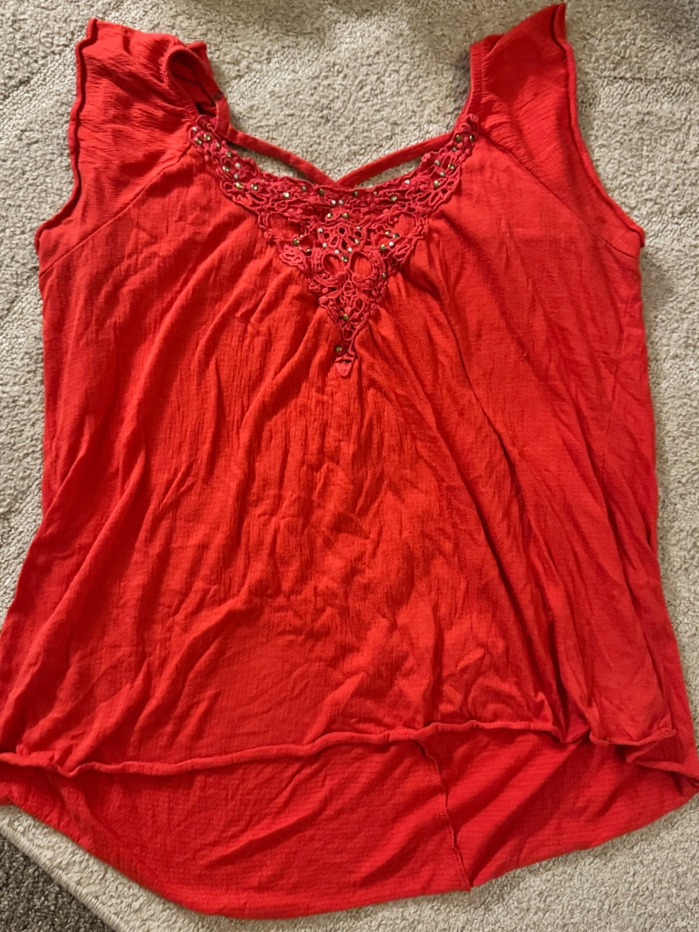 French Laundry Red Embroidered V-Neck Cap Sleeve Blouse